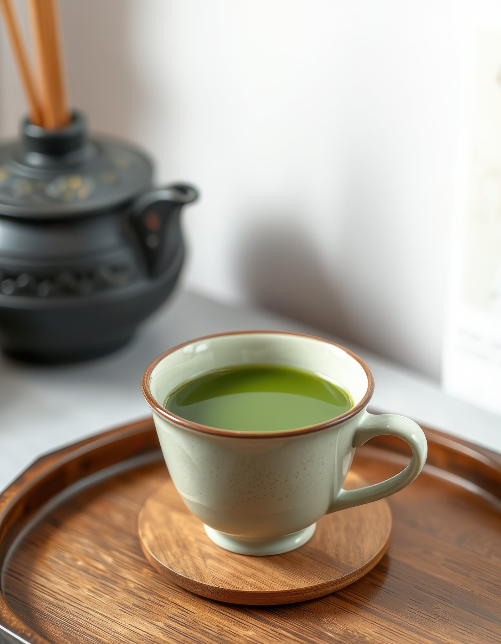 Warm cup of matcha tea on a wooden tray beside a black tea pot in a cozy setting